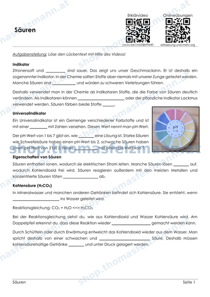 Säuren – 4-seitiges Chemie-Arbeitsheft (PDF)