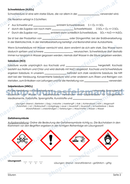 Säuren – 4-seitiges Chemie-Arbeitsheft (PDF)