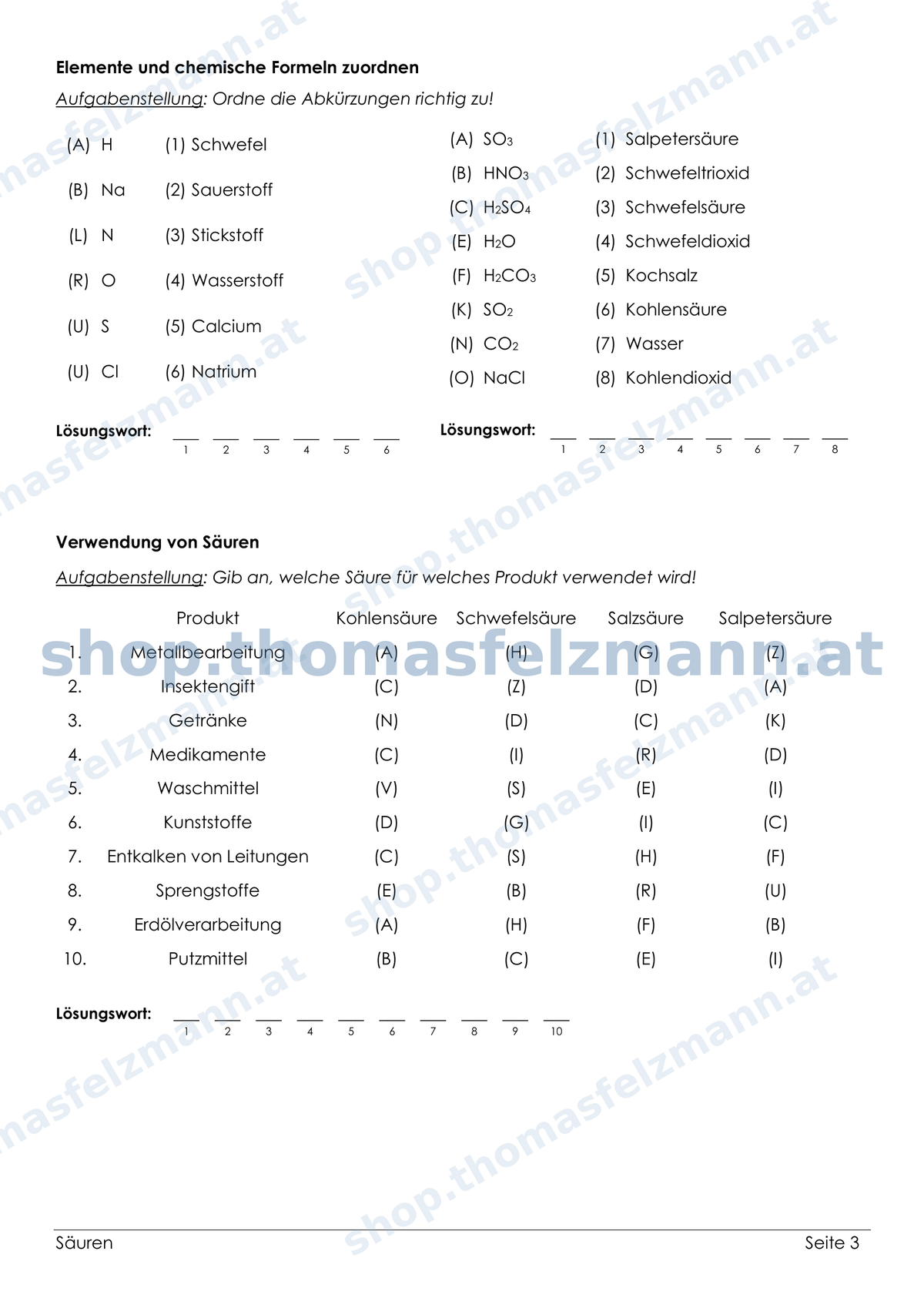Säuren – 4-seitiges Chemie-Arbeitsheft (PDF)