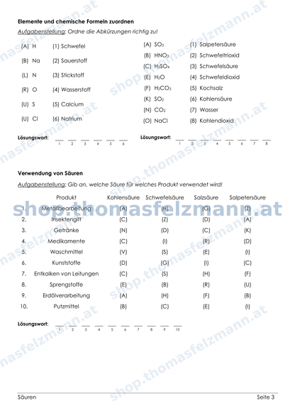 Säuren – 4-seitiges Chemie-Arbeitsheft (PDF)
