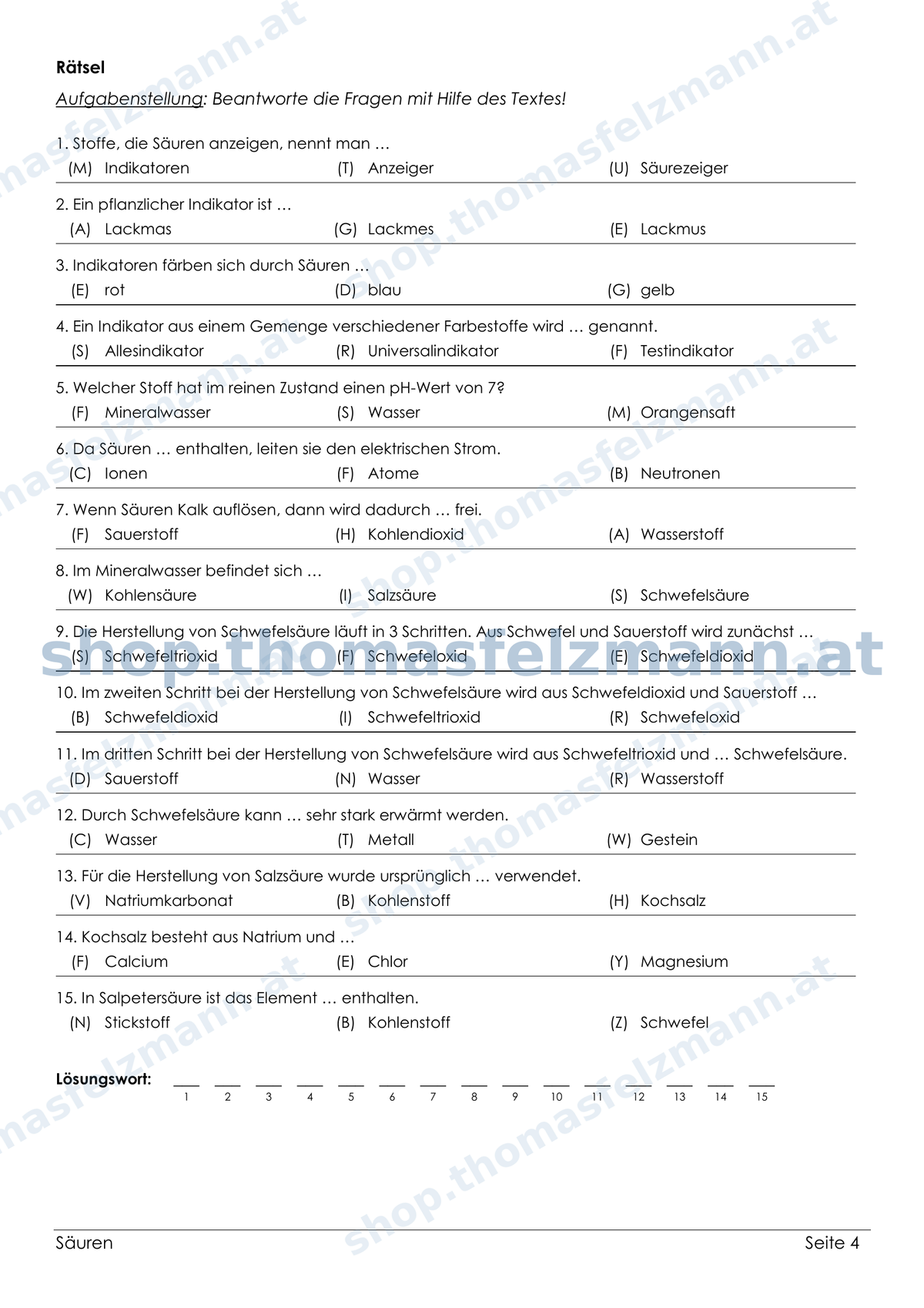 Säuren – 4-seitiges Chemie-Arbeitsheft (PDF)