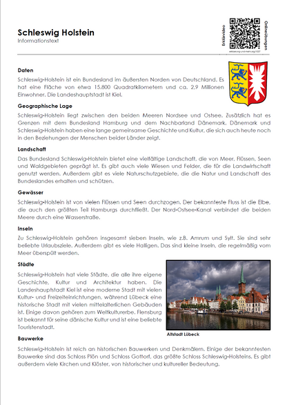 Schleswig-Holstein Arbeitsblatt (PDF) mit Infotext, Übungen und Lösungen | 7 Seiten