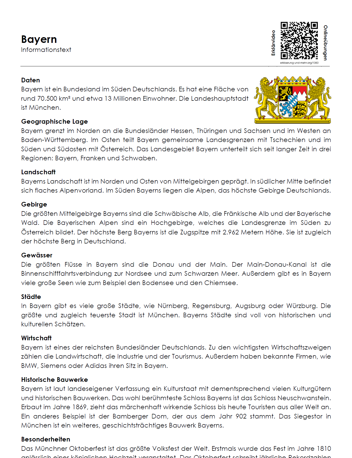 Baden-Württemberg Arbeitsblatt (PDF) mit Infotext, Übungen, Landkarte und Lösungen | 7 Seiten