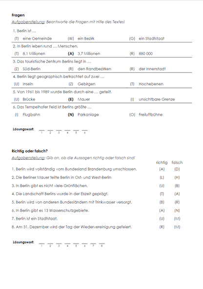 Berlin Arbeitsblatt (PDF) mit Infotext, Übungen, Landkarte und Lösungen | 7 Seiten