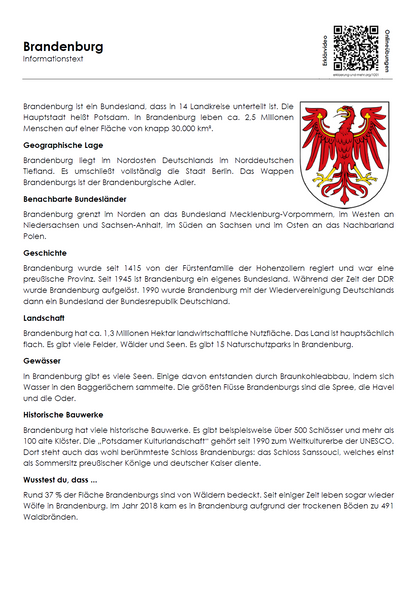 Brandenburg Arbeitsblatt (PDF) mit Infotext, Übungen, Landkarte und Lösungen | 7 Seiten