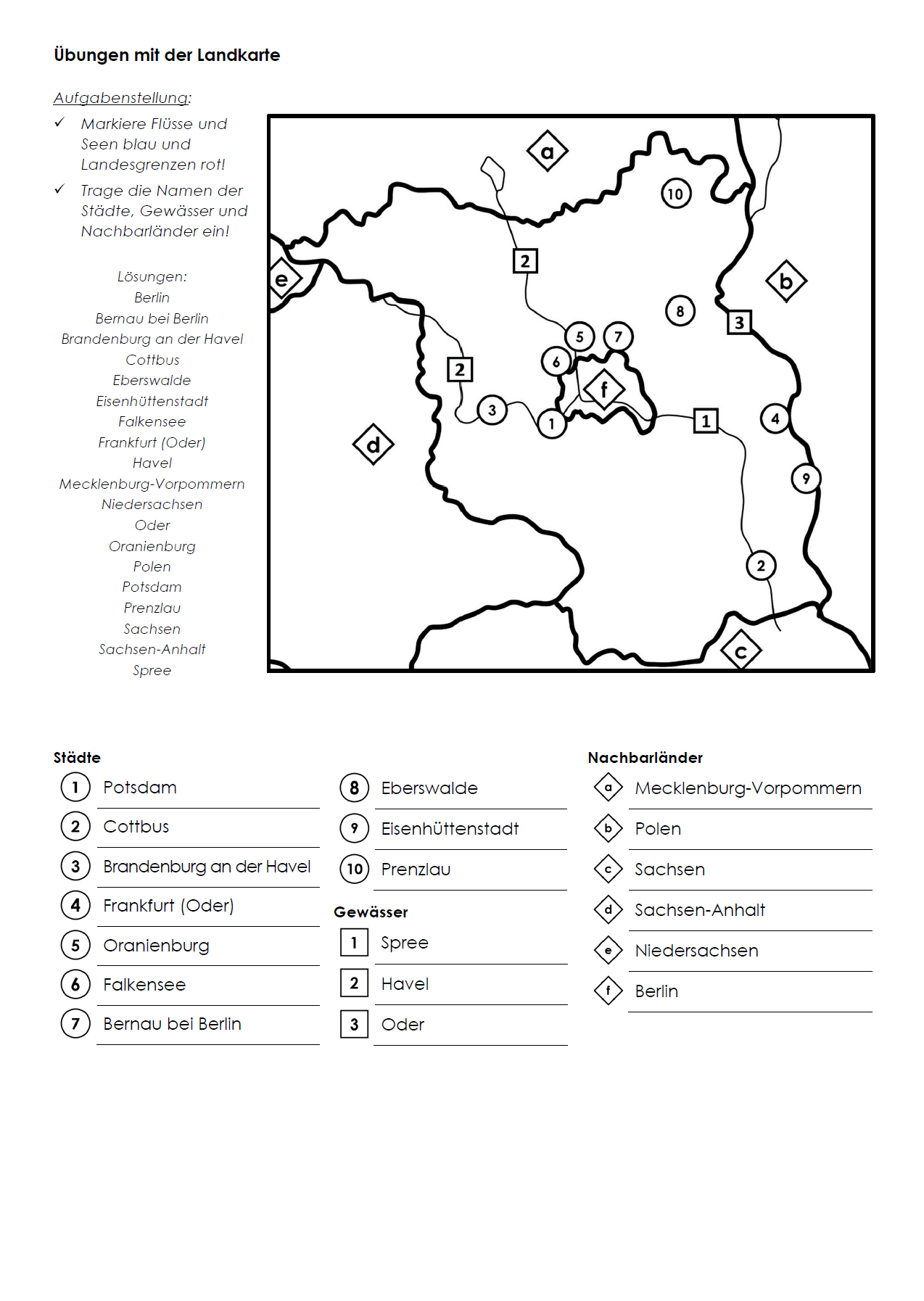 Brandenburg Arbeitsblatt (PDF) mit Infotext, Übungen, Landkarte und Lösungen | 7 Seiten