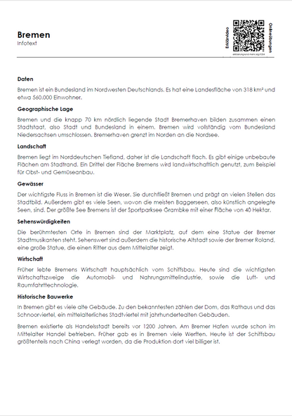 Bremen Arbeitsblatt (PDF) mit Infotext, Übungen (Rätsel/MC), Lösungen und QR-Codes | 7 Seiten