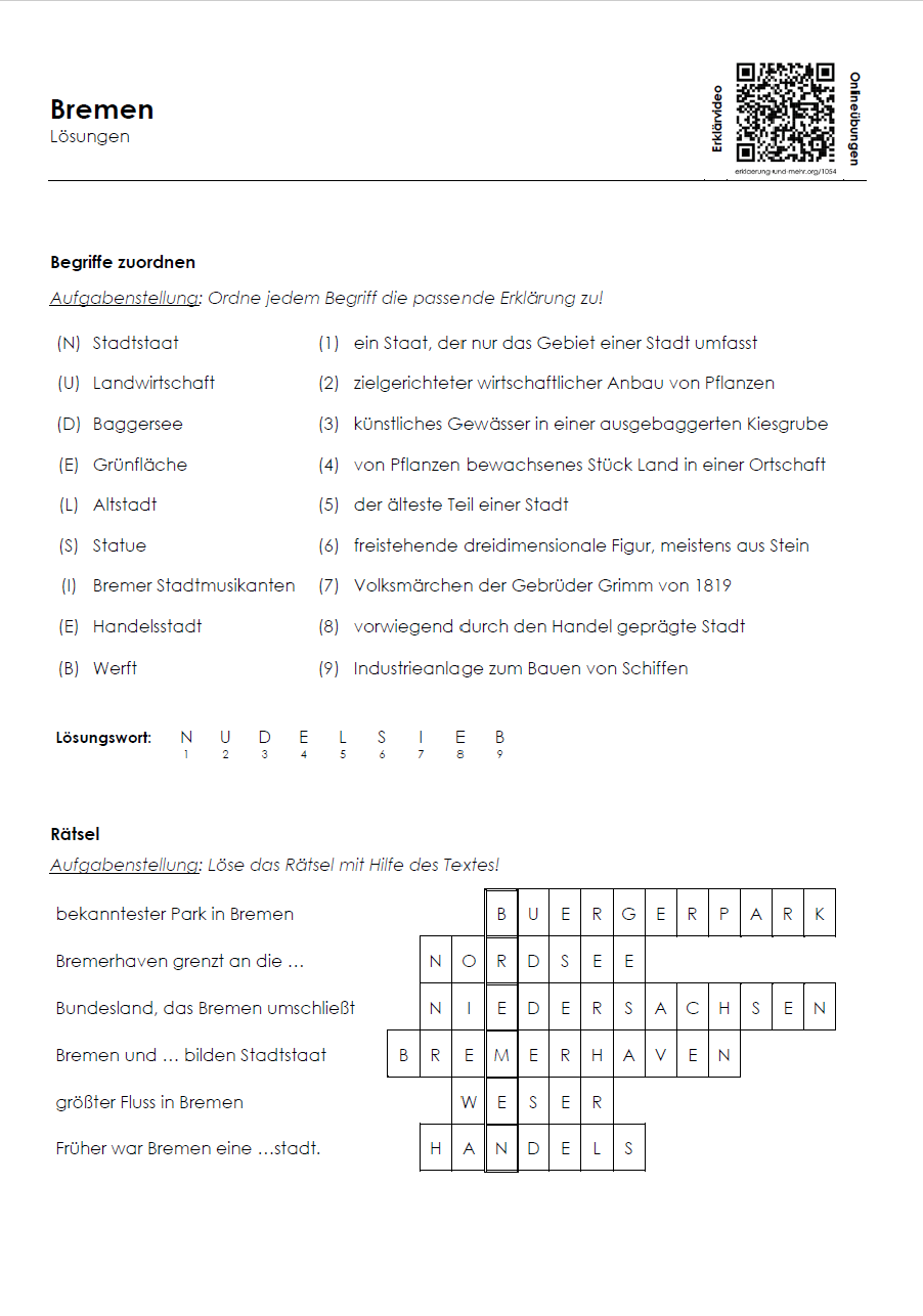 Bremen Arbeitsblatt (PDF) mit Infotext, Übungen (Rätsel/MC), Lösungen und QR-Codes | 7 Seiten