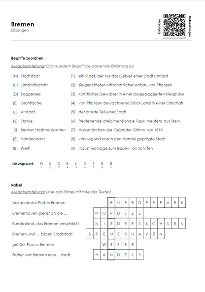 Bremen Arbeitsblatt (PDF) mit Infotext, Übungen (Rätsel/MC), Lösungen und QR-Codes | 7 Seiten
