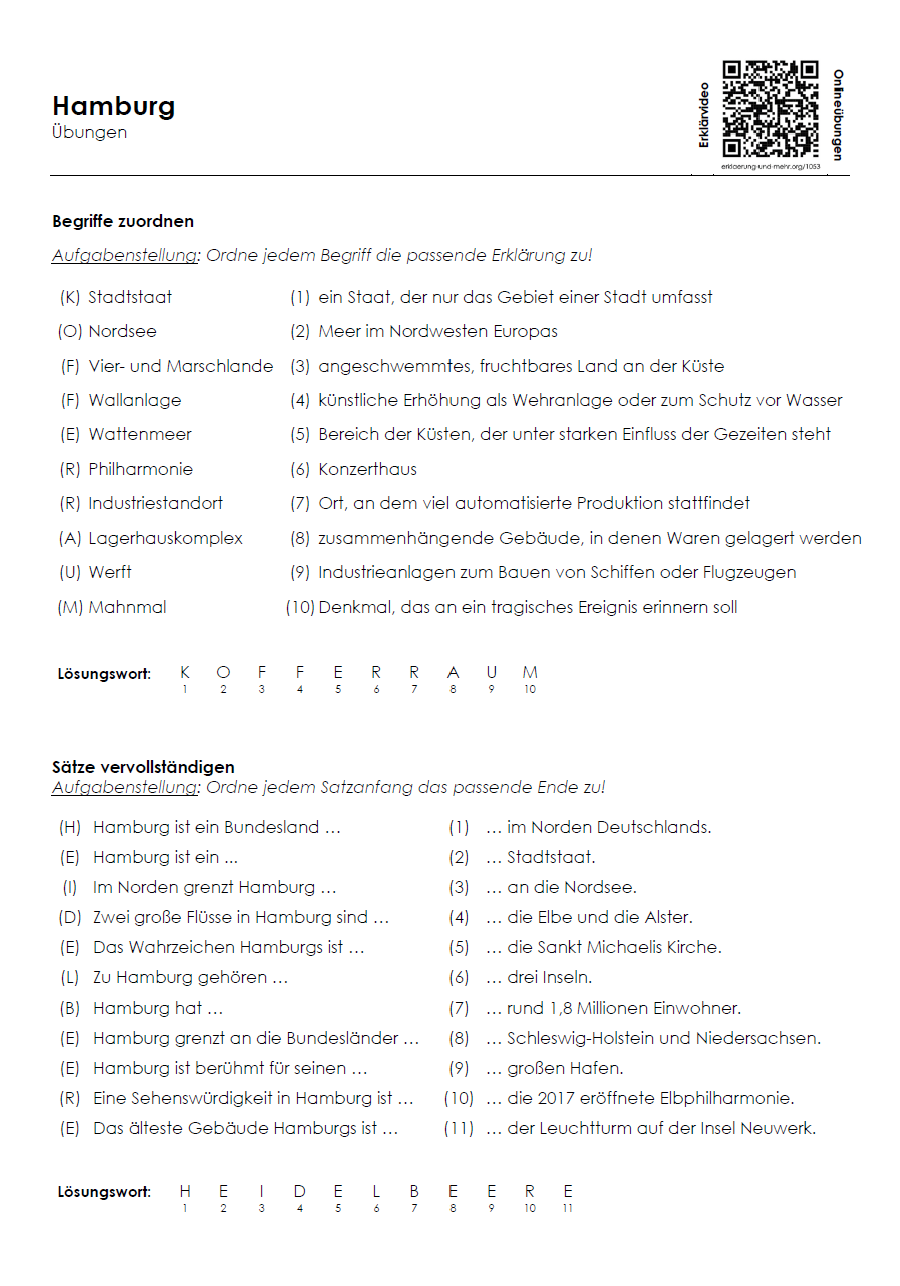 Hamburg Arbeitsblatt (PDF) mit Infotext, Übungen, Lösungen und QR-Codes | 5 Seiten