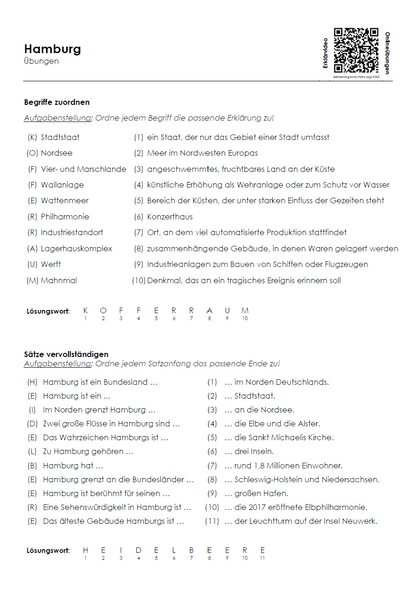 Hamburg Arbeitsblatt (PDF) mit Infotext, Übungen, Lösungen und QR-Codes | 5 Seiten