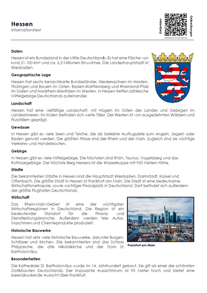Hessen Arbeitsblatt (PDF) mit Infotext, Übungen, Landkarte, Lösungen und QR-Codes | 9 Seiten