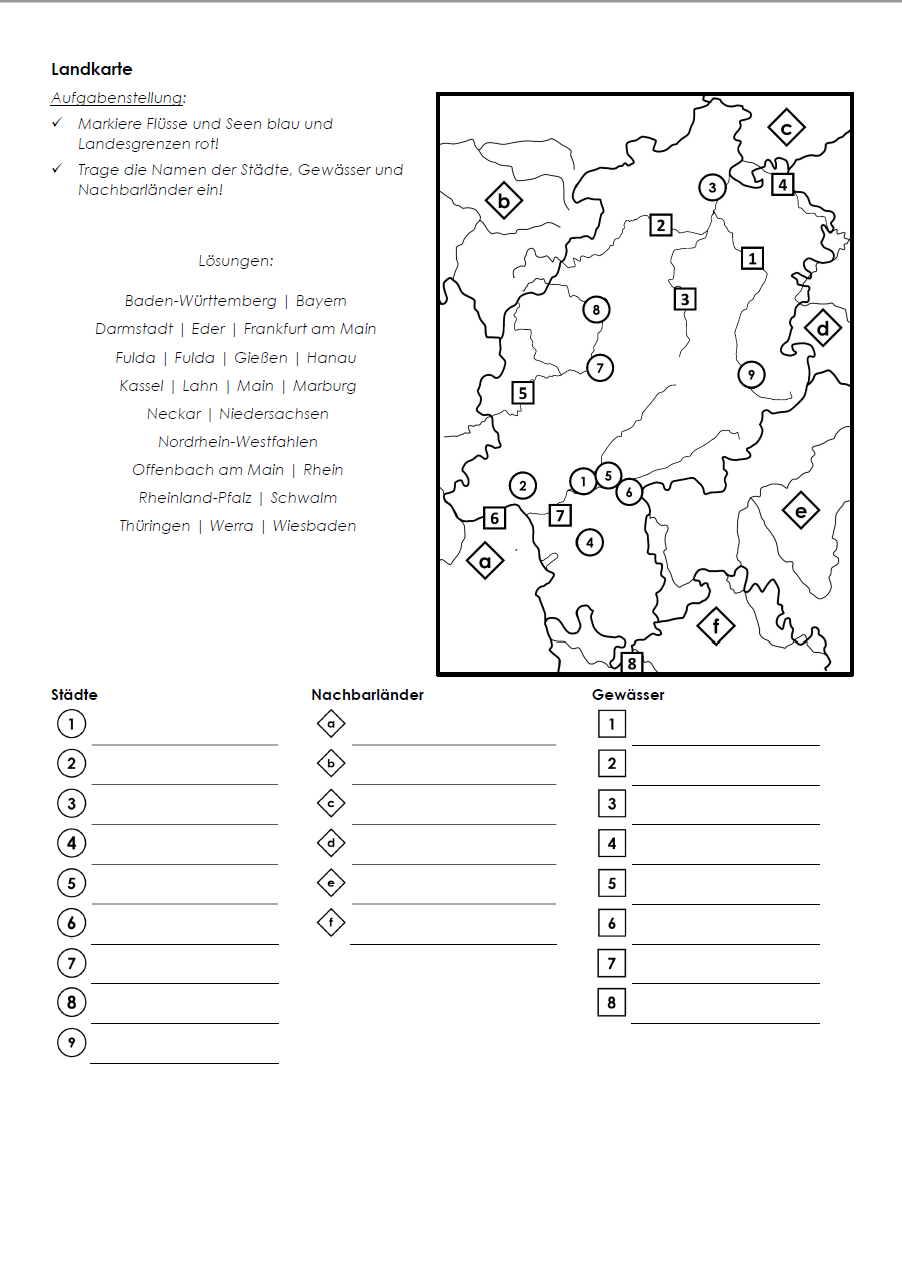 Hessen Arbeitsblatt (PDF) mit Infotext, Übungen, Landkarte, Lösungen und QR-Codes | 9 Seiten