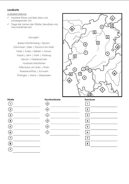 Hessen Arbeitsblatt (PDF) mit Infotext, Übungen, Landkarte, Lösungen und QR-Codes | 9 Seiten
