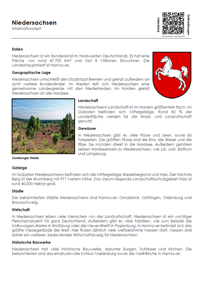 Niedersachsen Arbeitsblatt (PDF) mit Infotext, Übungen, Landkarte, Lösungen und QR-Codes | 9 Seiten