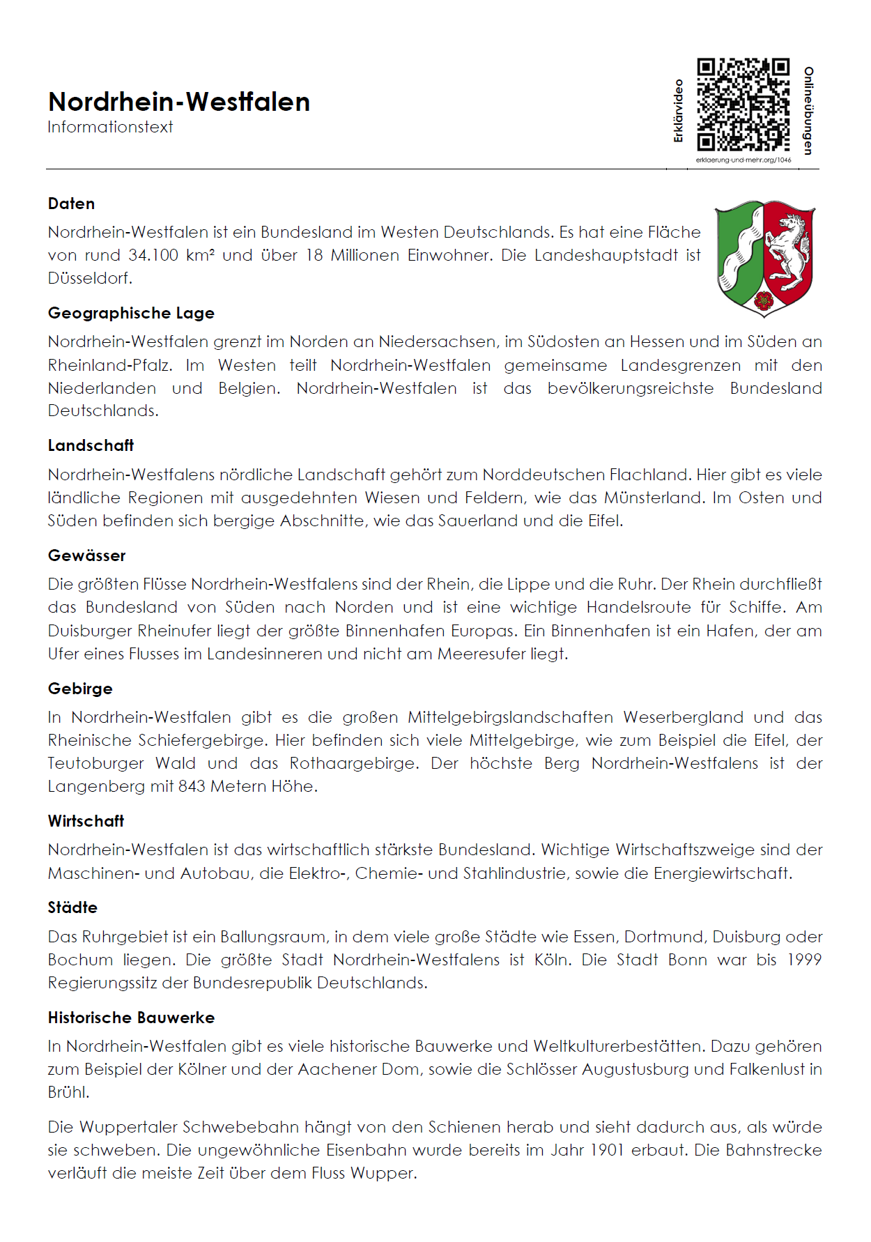 Nordrhein-Westfalen Arbeitsblatt (PDF) mit Infotext, Übungen, Landkarte, Lösungen und QR-Codes | 7 Seiten