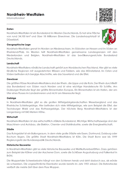 Nordrhein-Westfalen Arbeitsblatt (PDF) mit Infotext, Übungen, Landkarte, Lösungen und QR-Codes | 7 Seiten
