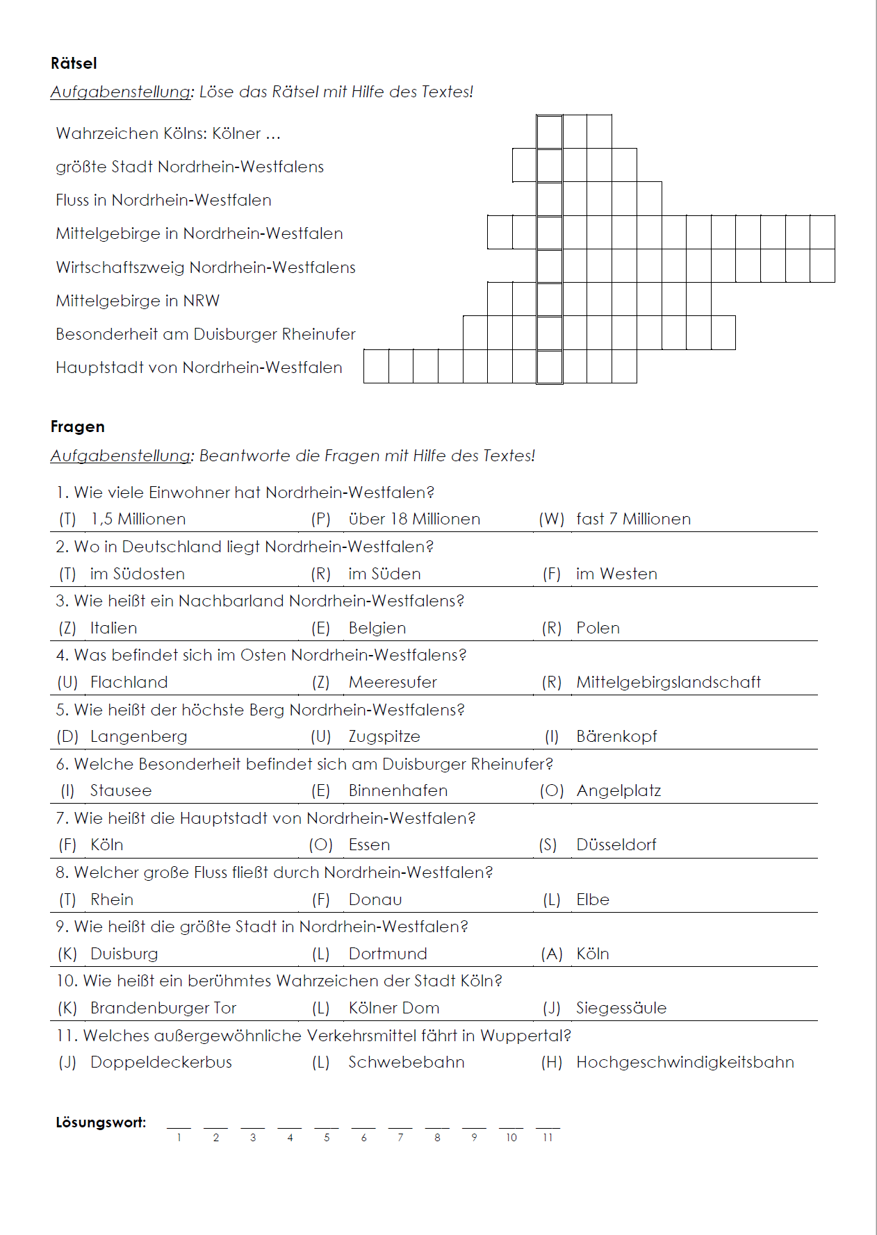Nordrhein-Westfalen Arbeitsblatt (PDF) mit Infotext, Übungen, Landkarte, Lösungen und QR-Codes | 7 Seiten
