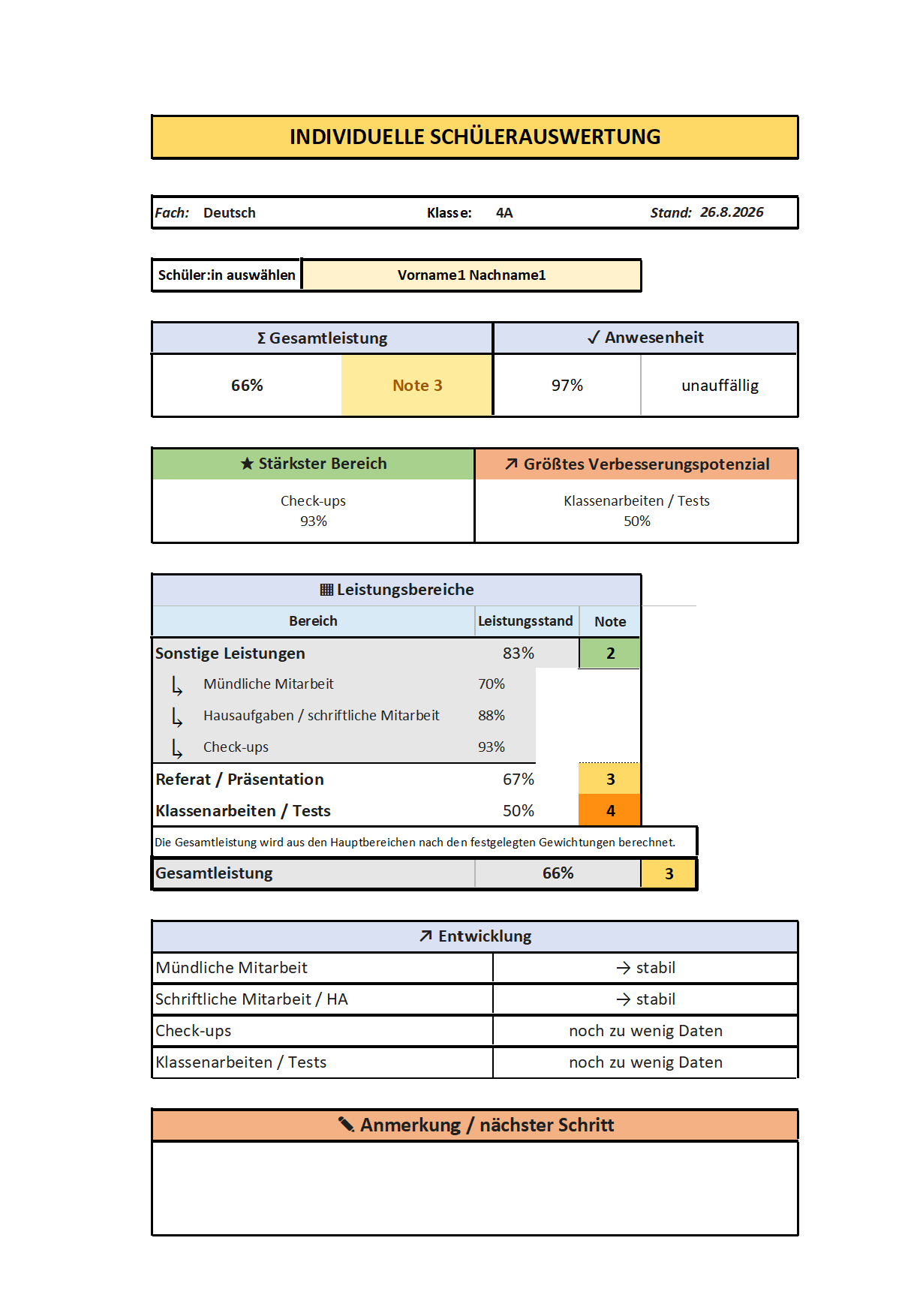Digitale Notenverwaltung für Lehrkräfte mit Excel – Deutschland-Version