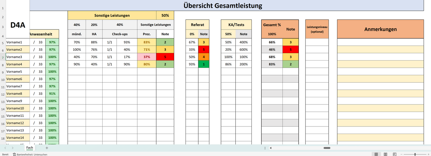 Digitale Notenverwaltung für Lehrkräfte mit Excel – Deutschland-Version