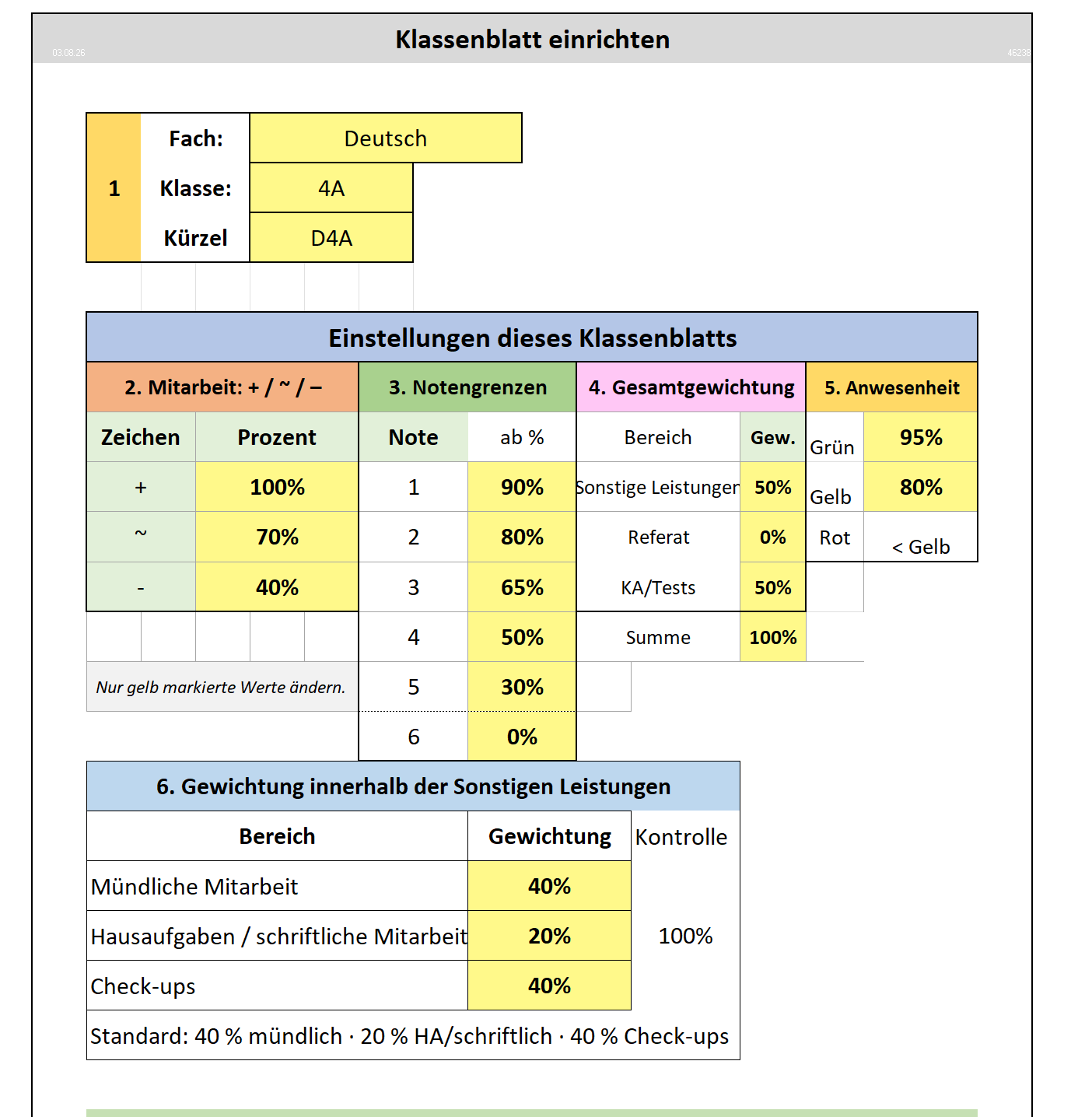 Digitale Notenverwaltung für Lehrkräfte mit Excel – Deutschland-Version
