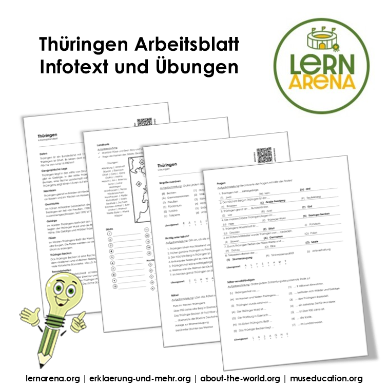 Thüringen Arbeitsblatt (PDF) mit Infotext, Übungen, Landkarte, Lösungen und QR-Codes | 7 Seiten – Titelbild