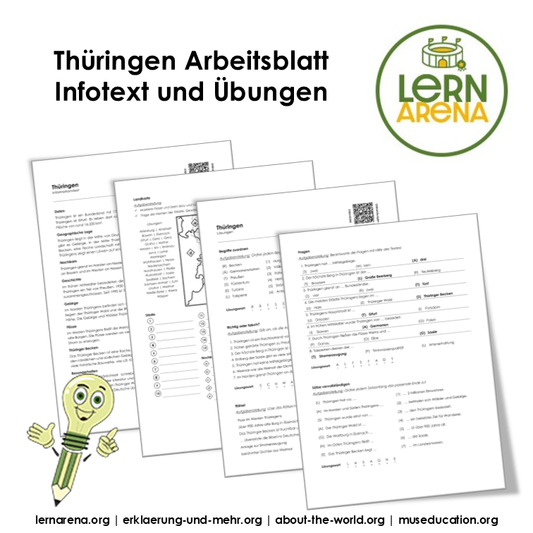 Thüringen Arbeitsblatt (PDF) mit Infotext, Übungen, Landkarte, Lösungen und QR-Codes | 7 Seiten – Titelbild