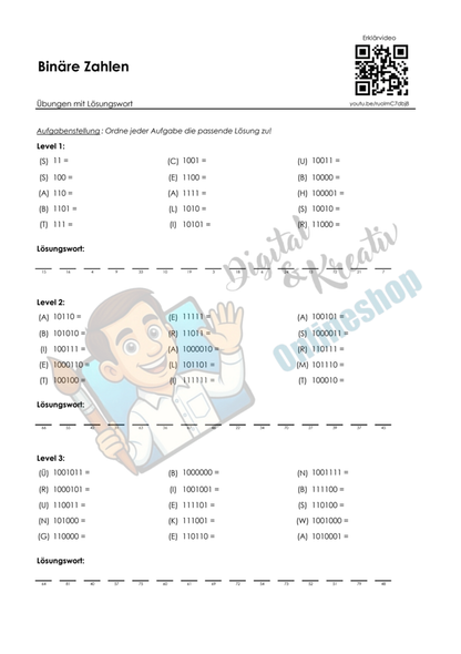 Binäre Zahlen Arbeitsblatt (PDF) mit Lösungswort, 3 Levels und Lösungen | 2 Seiten