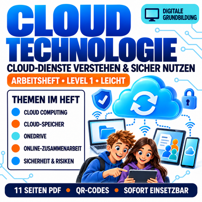Cloud Technologie – Arbeitsheft Level 1 leicht, 11 Seiten PDF mit QR-Codes