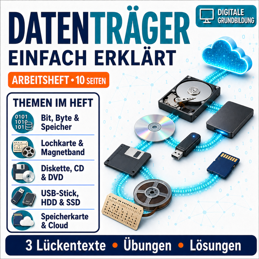 Datenträger, Arbeitsheft mit 10 Seiten inklusive Lösungen
