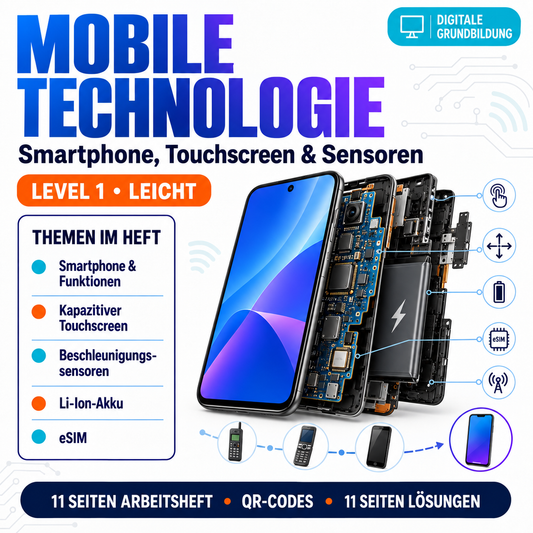 Mobile Technologie Arbeitsheft Level 1 (leicht) | 22 Seiten (11 Arbeitsheft + 11 Lösungen) | PDF