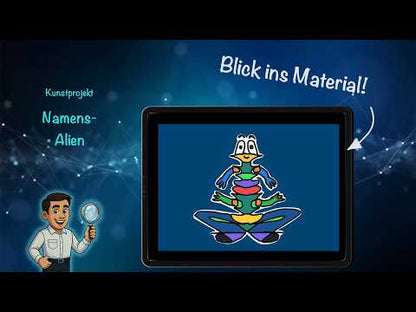 Namens Alien mit Symmetrie, Schritt für Schritt Anleitung mit 14 Folien als PowerPoint + PDF
